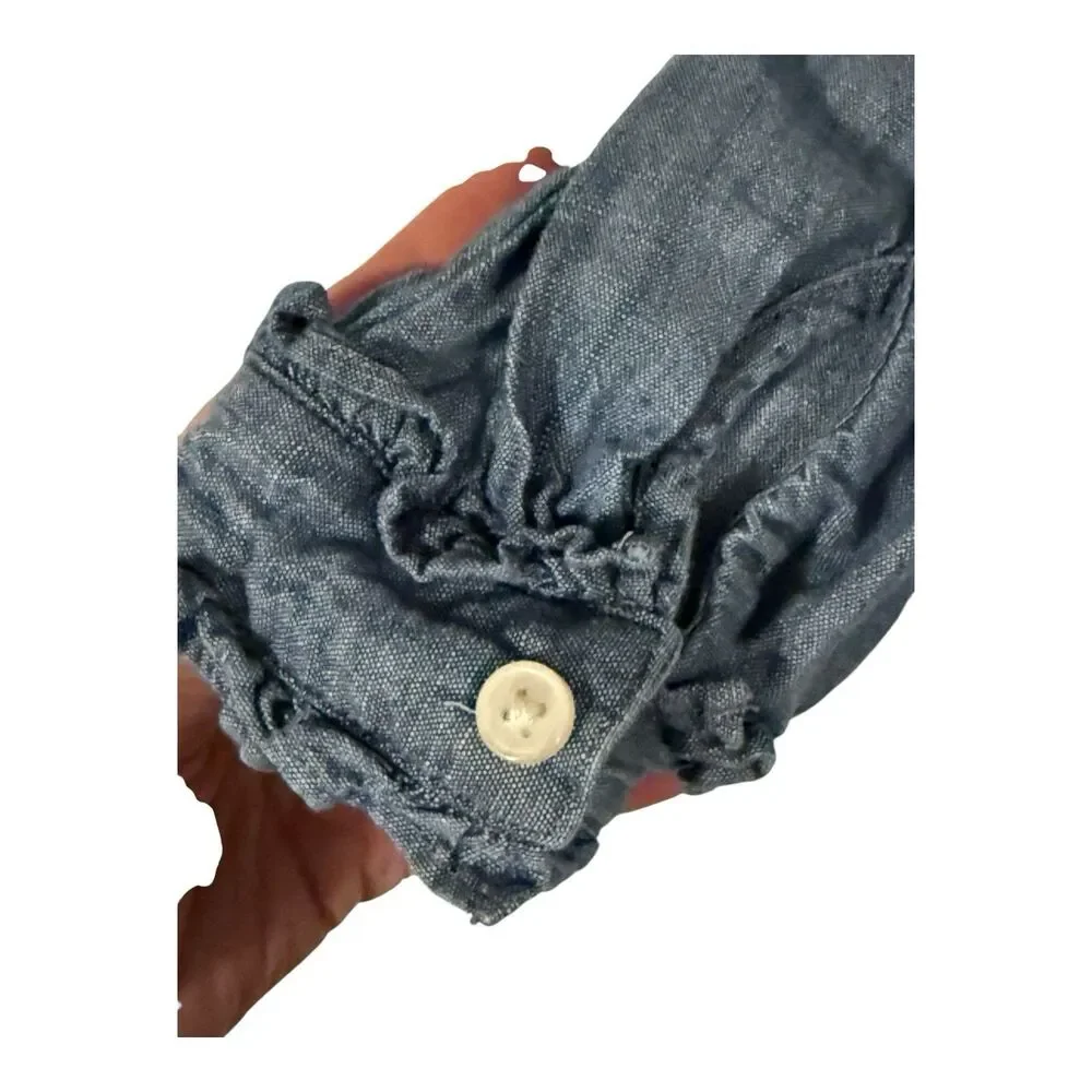 J Crew Shirt Women’s S Blue Chambray Ruffle Neck Long Sleeve Button Top Peasant